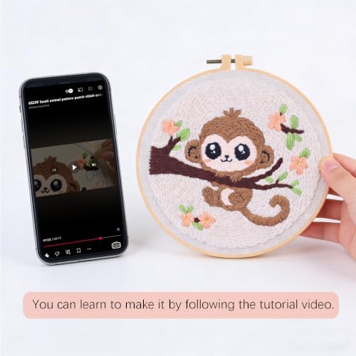 Myfelicity Punch Needle Embroidery Kit, Beginner Craft Set with Animal Pattern Design, 7.9 Inch Hoop (Monkey) - Image 3