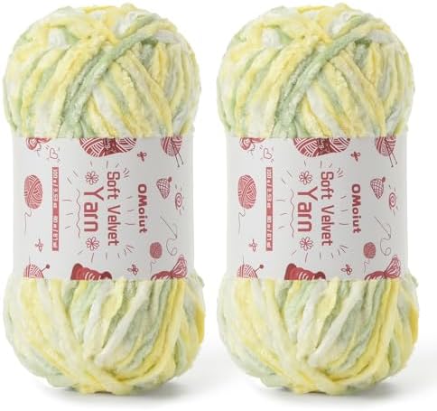 2x100g Fluffy Velvet Chenille Yarn for Crocheting and Knitting, 80m (87.5yd) Baby Yarn for Crocheting Soft, Crochet Chunky Yarns Amigurumi Yarns (2 Greenish Yellow) by OMoiut