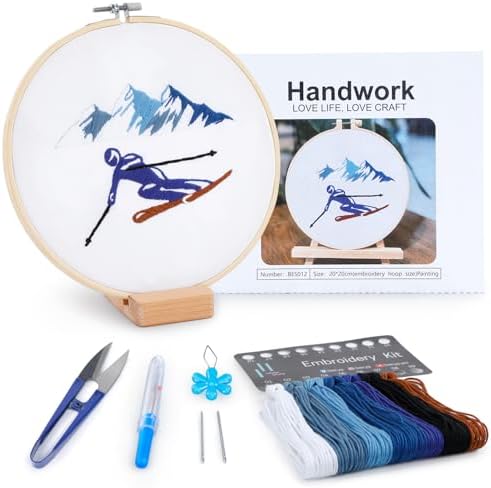 Embroidery Kit for Adult Beginners,Skiers Snow Mountain Embroidery Kit with Step-by-Step Instructions & Video,Printed Cloth,7.87" Hoop,Display Stand,Color Threads and Tools for Craft Lover(BES012) by BERYA