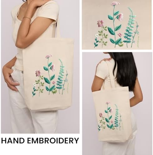 CREAWONDER Canvas Tote Bag Embroidery Kit with Pattern for Beginners, Arts and DIY Embroidery Crafts Kits for Adults, Include Instructions, Embroidery Hoops, Color Threads and Tool - Image 2