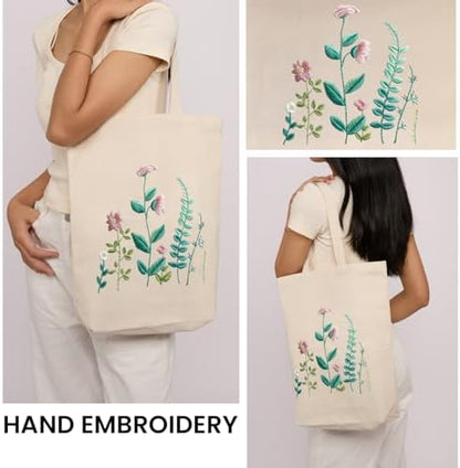 CREAWONDER Canvas Tote Bag Embroidery Kit with Pattern for Beginners, Arts and DIY Embroidery Crafts Kits for Adults, Include Instructions, Embroidery Hoops, Color Threads and Tool - Image 2
