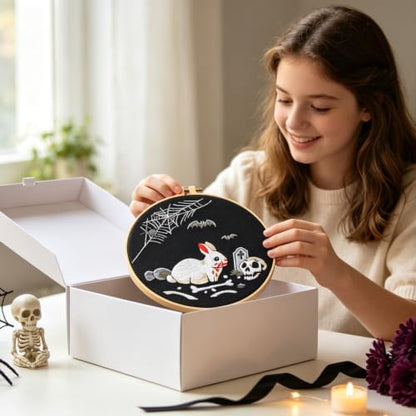 Halloween Embroidery Kits for Beginners Adults, Gothic Rabbit Embroidery DIY Kit, Halloween Cross Stitch Kits Needlepoint Kits for Beginners Adults Woman Gifts, Embroidery Hoop, Thread, Video Tutorial - Image 2