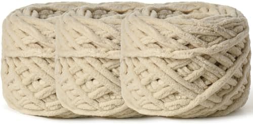 3 Pack Plush Chenille Chunky Yarn 100g (49.2yd) - Fluffy Velvet Yarn Crochet for Blanket Knitting and Crocheting - Baby Yarns for Crocheting Soft - Amigurumi Yarns (Beige) by OMoiut