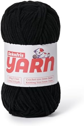 Plush Chunky Chenille Yarn for Crocheting, Soft Fluffy Velvet Yarn for Crocheting, Fuzzy Baby Blanket Knitting Yarns, 100g/131yds Bulky Amigurumi Yarns（Black） by Sekafris