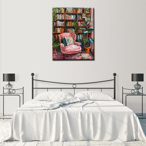 Bookshelf Book Theme Pink Library Paint by Numbers Kits for Adult Vintage Paint by Numbers Boho Painting Kits on Canvas with Brushes and Acrylic Pigment for Home Wall Without Framed 16''W x 20''H - Image 3