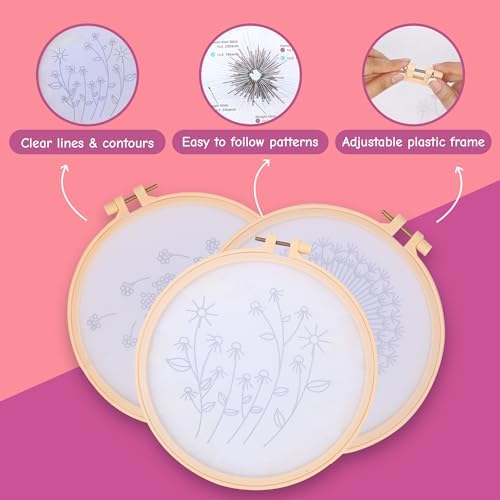 Clear Background Embroidery Kit for Beginners – DIY Hand Embroidery Kit with 3 Hoops, Stamped Patterns, Needles, Thread, Scissors – Minimalist Embroidery Set for Adults, Teens, Women, Craft Lovers - Image 3