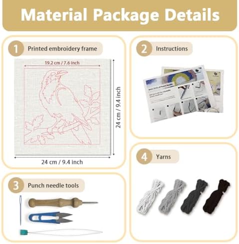 Doodlream Dark Crow on Branch Needle Kit for Beginner, 9.4"x 9.4" Mystic Black Bird Punch Stitching Craft Set, DIY Embroidery Starter with Printed Frame, Instruction, Threader, Yarn, Pinch Needle - Image 2