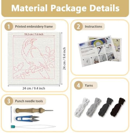 Doodlream Dark Crow on Branch Needle Kit for Beginner, 9.4"x 9.4" Mystic Black Bird Punch Stitching Craft Set, DIY Embroidery Starter with Printed Frame, Instruction, Threader, Yarn, Pinch Needle - Image 2