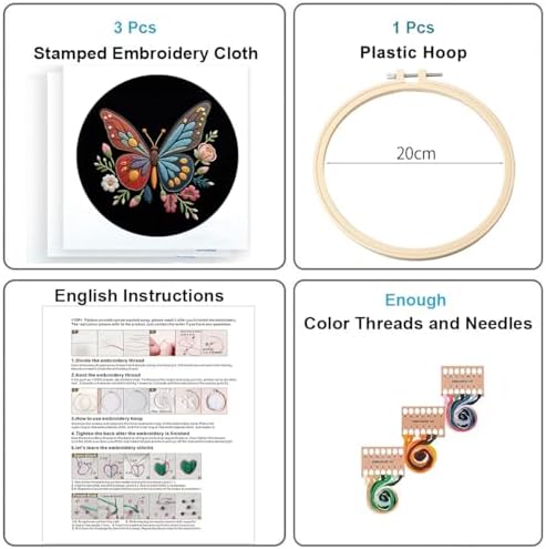Konrisa Flower Butterfly Embroidery Kits for Adults, Stamped Embroidery Starter Kit with Hoop,DIY Sewing Needlepoint Cross Stitch Kit, Set of 3 - Image 2
