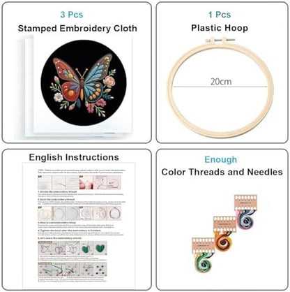 Konrisa Flower Butterfly Embroidery Kits for Adults, Stamped Embroidery Starter Kit with Hoop,DIY Sewing Needlepoint Cross Stitch Kit, Set of 3 - Image 2