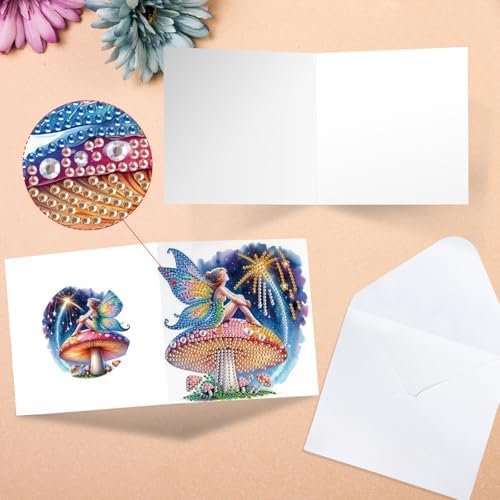 Tontut 6pcs Diamond Art Painting Kit Greeting Card, Genie on Mushroom 5D DIY Diamond Handmade Holiday Greeting Card with Envelope, Holiday Gift Congratulation - Image 4