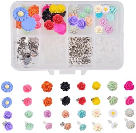 SUNNYCLUE 1 Box DIY 16 Pairs Flower Cabochons Resin Rose Flatbacks Valentine's Day Earrings Making Kit Rose Beads Love Valentine Flower 3D Flat Backs for Jewelry Making Kits Stud Earring Findings by SUNNYCLUE