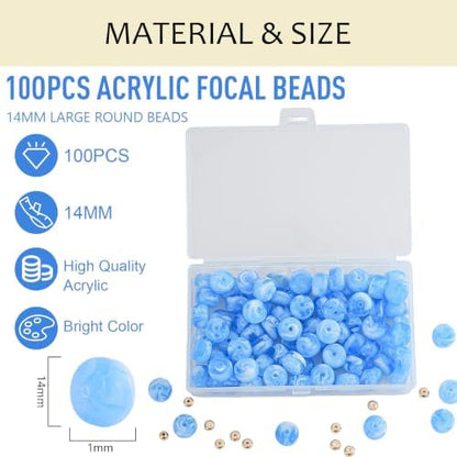 100Pcs 14mm Large Acrylic Beads for Jewelry Making, Chunky Marbled Round Focal Beads Bulk Set with Spacer Beads for DIY Bracelets Necklaces Keychains Bag Charms (Light Blue) - Image 2