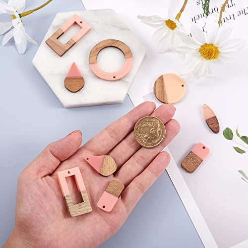 FASHEWELRY 12Pcs Resin & Wood Pendants Two Tone Flat Round/Ring/Rectangle/Horse Eye/Teardrop Dangle Charms for DIY Jewelry Making - Image 2