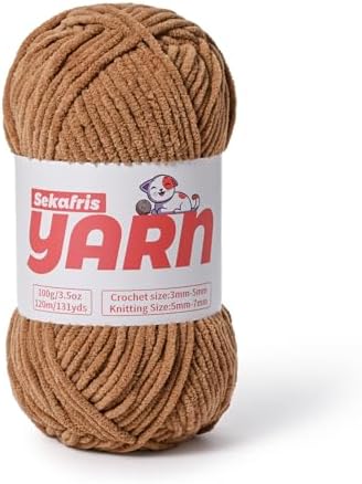 Plush Chunky Chenille Yarn for Crocheting, Soft Fluffy Velvet Yarn for Crocheting, Fuzzy Baby Blanket Knitting Yarns, 100g/131yds Bulky Amigurumi Yarns（Light Coffee） by Sekafris