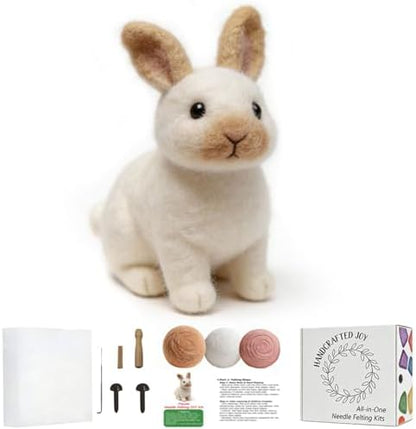 FACE N FACE DIY Needle Felting Kit Realistic White Rabbit Tan Ears – Needle Felting Starter Kit with Fiber Roving, Needles, Felting Pad & Instructions | Felted Rabbit Animal Kit for Beginners Adults by FaceNFace