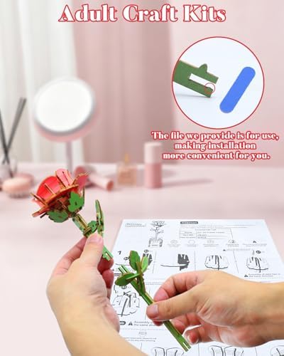aeloer 3D Wooden Flower Puzzles for Adults - Pink Rose, DIY Model Kit Building Set, Creative Craft for Adults, Unique Botanical Home Office Decor & Relaxing Gift Idea - Image 5