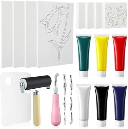 Qeeenar 17 Pcs Linocut Blocks for Printmaking, Stamp Making Carving Linocut Kit for DIY Gift, Rubber Stamp Carving Screen Printing Kit with 6 Colors Block Printing Ink, Rubber Block, Brayer by Qeeenar
