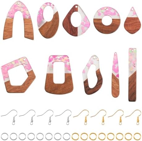 EEE ELECRELIVE 10 Pairs Wood Resin Pendants Vintage Resin Walnut Wood Charms Violet Sequins Charms Rectangle Oval Teardrop Wooden Dangle Earring Making Kit with Earring Hooks for Bohemian Jewelry by EEEELECRELIVE
