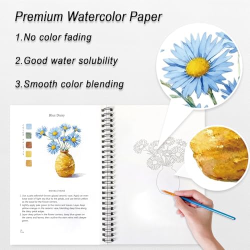 Watercolor Workbooks for Adults Beginners & Teens, 16 Colors 15 Beautiful Paintings, Pre-Outlined Designs, Easy Watercolor Art Book（Protea） - Image 4