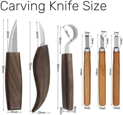 10Pcs Wood Carving Knife Set, Black Walnut Wood Carving Kit with Detail Wood Knife, Whittling Knife, Hook Knife for Beginners, DIY, Carving Knife Sharpener for Spoon, Bowl, Pumpkin, Cup - Image 2