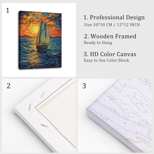 Natuyalo Framed Paint by Numbers Kit for Adults - Sailboat DIY Adult Paint by Number Kits Sunset Landscape Acrylic Canvas Painting for Adults Beginners Art Crafts with Frame, 12x16 Inch - Image 4