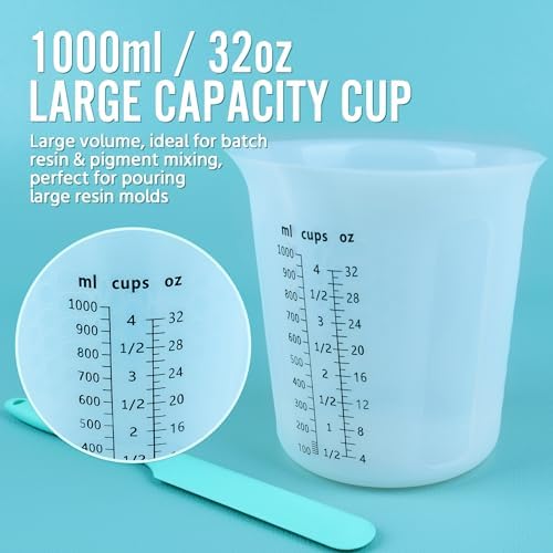 Silicone Resin Mixing 1L Measuring Cup Set for Resin Supplies, Easy-to-Read Marks, 1000ml/32oz Large Cup, 500&250&100ml Thickened Reusable Silicone Cups for Epoxy Mixing, Jewelry Making - Image 6