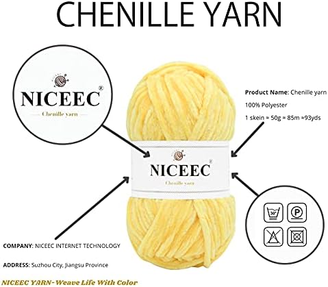 NICEEC 3 Skeins Soft Chenille Yarn 3x85m(3x93yds,3x50g)_Pink-Yellow-Blue - Image 2