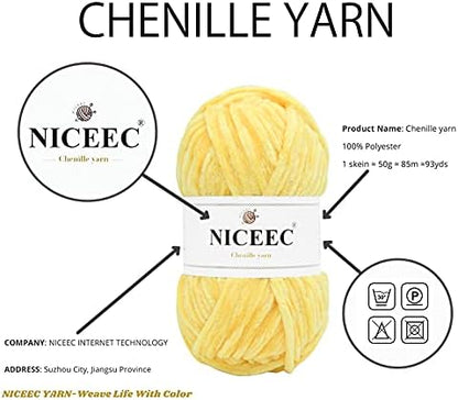 NICEEC 3 Skeins Soft Chenille Yarn 3x85m(3x93yds,3x50g)_Pink-Yellow-Blue - Image 2