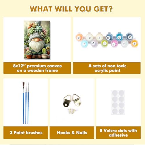 Bowetile Framed Paint by Numbers Gnome Kit for Adults, Adults' Paint-by-Number Kits on Canvas, Painting by Numbers Succulents, DIY Acrylic Number Painting for Home Wall Decor, 8x12in - Image 6