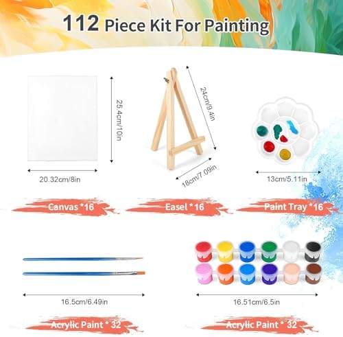 16 Pack 8 * 10In Canvas Boards for Painting, Art Canvas for Drawing with 32 Brushes & 16 Paint Trays & 32 Acrylic Paint, Mini Painting Canvas with Easel Set, Painting Kits for Adults Party - Image 2