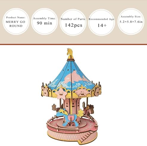3D Wooden Carousel Puzzle, DIY Handcraft Merry‑Go‑Round Model Kit - Image 3