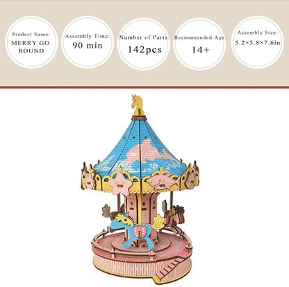 3D Wooden Carousel Puzzle, DIY Handcraft Merry‑Go‑Round Model Kit - Image 3