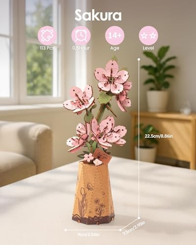 ROBOTIME 3D Puzzle Sakura TW101, DIY Wooden Flower Craft, Artificial Flowers Model Kit to Assemble for Adults, Home Decoration and Valentine's Day Toy Gift Set - Image 3