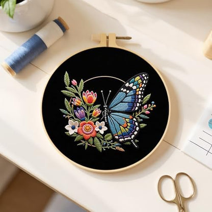 FRANDEK Flower Blue Butterfly Stamped Embroidery Kit with Hoop for Adults - Image 5