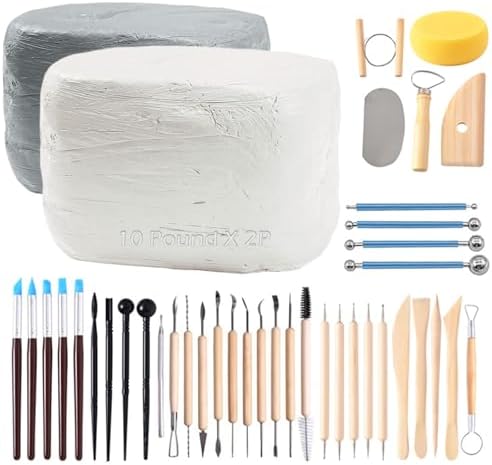 ReArt Natural Air-Dry Clay, Baking Clay, Low Fire Pottery Clay with 40 Pcs Pottery Tools (White and Gray) by ReArt