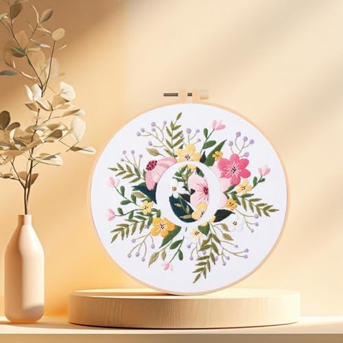 IUHUI Embroidery Kit for Beginners Adults - 26 Floral Letters Easy Patterns, DIY Hand Stitching Embroidery Set with Hoop (Flower and Grass Letter O) - Image 2