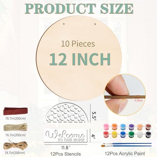 12 Inch Wood Circles for Crafts, 10Pcs Unfinished Wood Rounds with 12Pcs Welcome Stencils & Painting, DIY Wooden Crafts for Door Hanger, Wood Burning, Painting, Gifts for Independence Day Home Decor - Image 2