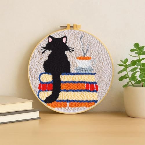 Punch Needle Kit for Beginners Adults-Cat Coffee, with Embroidery Hoop - Image 2