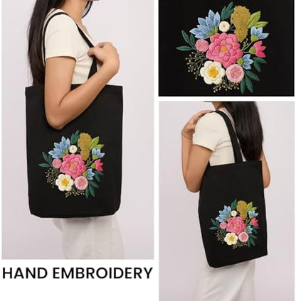 CREAWONDER Canvas Tote Bag Embroidery Kit with Pattern for Beginners, Arts and DIY Embroidery Crafts Kits for Adults, Include Instructions, Embroidery Hoops, Color Threads and Tool - Image 2