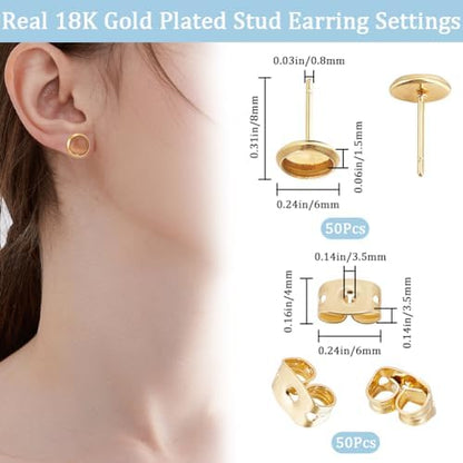 Beebeecraft 1 Box 50Pcs Post Stud Earring Findings 18K Gold Plated Blanks Round Cabochon Prong Earring Bezels Trays Settings with 6mm Tray and 50Pcs Backs for Jewelry Making - Image 2