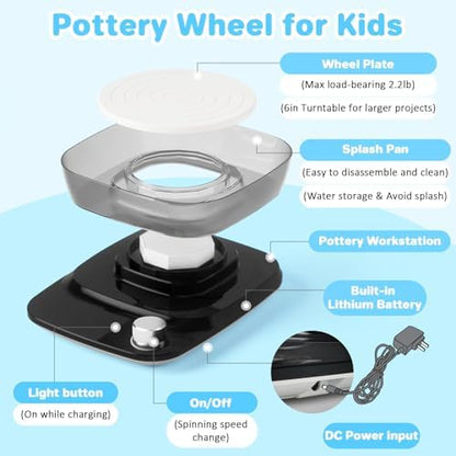 Pottery Wheel for Kids - Complete Pottery Kit & Tools for Beginners, Plug-in Rechargeable Battery, Upgraded Detachable Turntable Adjustable Speed, DIY Clay Maker for Kids 9-12 (Black, Patented) - Image 3