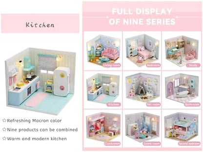 Kisoy Dollhouse Miniature with Furniture Kit, DIY 3D Wooden DIY House Kit A Corner of a Small Apartment Style with Dust Cover & LED,Handmade Tiny House Toys for Kids Adults Gift (Kitchen) - Image 6