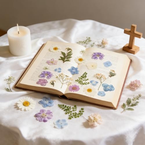 Dried Pressed Flowers Real Pressed Flowers Natural Dry Leaves Bulk Mixed Colorful Herbs Kit with Tweezers for Scrapbooking DIY Candle Jewelry Crafts Making Nails (White, Purple, Blue) - Image 7