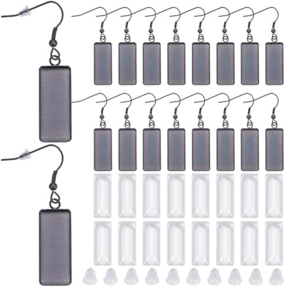 1 Box 60Pcs 20 Sets Black Bezel Earring Blanks 10x25mm Earring Bezel Trays Rectangle Pendant Bezel Blanks with Glass Cabochons Settings Stainless Steel Hooks Accessories for Jewelry Making by SOFPLATE