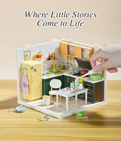 Modern Kitchen DIY Miniature House Kit with Roof & LED Light, Stackable & Connectable Dollhouse Kit with Dustproof Door, Creative DIY Crafts Building Toy Gift for Adults Teens - Image 3