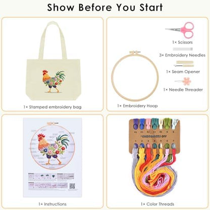 ERKOON Canvas Tote Bag Embroidery Kit for Beginners, Floral Arts Crafts Cross Stitch Kits for Adults Including Stamped Embroidery Bag with Hoops, Needle, Instruction and Color Threads (Rooster) - Image 2