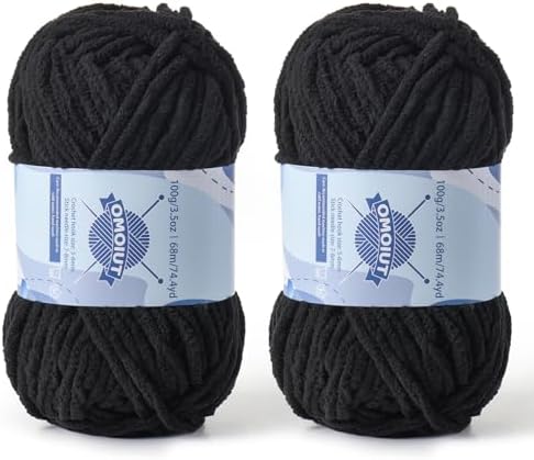2 Pack Chunky Chenille Yarn for Crocheting, Baby Yarn for Crocheting Soft Blankets, Bulky Yarns for Crochet Amigurumi, 200g (148.7yds) Fluffy Velvet Yarns for Hand Knitting (2 Black) by OMoiut