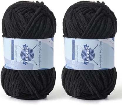2 Pack Chunky Chenille Yarn for Crocheting, Baby Yarn for Crocheting Soft Blankets, Bulky Yarns for Crochet Amigurumi, 200g (148.7yds) Fluffy Velvet Yarns for Hand Knitting (2 Black) by OMoiut