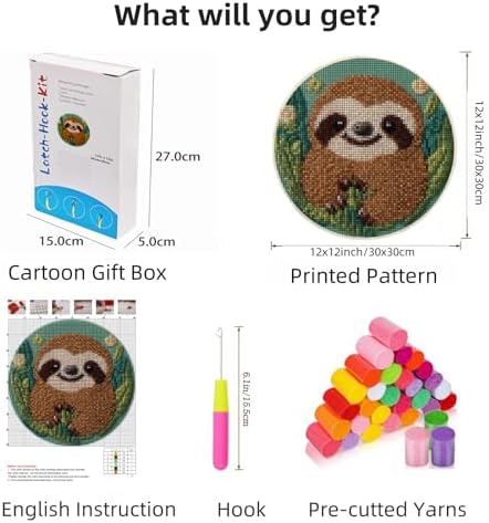 Latch Hook Rug Kit Cute Sloth with Green Color Easy for Beginners Round Shape Carpet Crochet Yarn Craft Mini Rug DIY Hook and Latch Little Tapestry for Home Decor 30x30cm-6 - Image 2